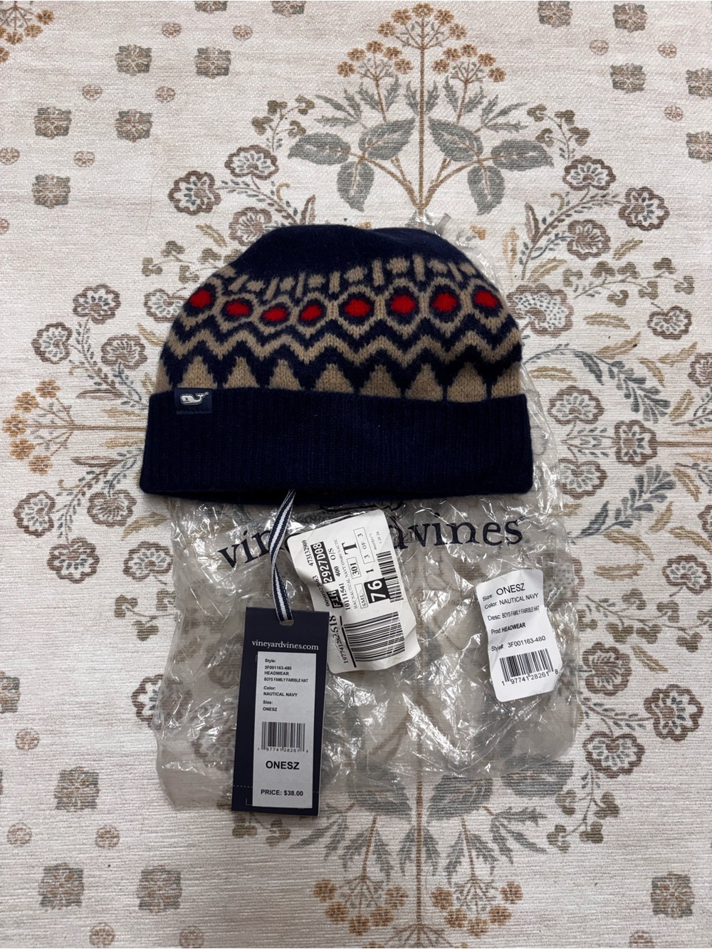 Vineyard Vines Navy Knit Beanie with Tan & Red Fair Isle Accents